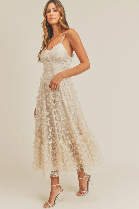 Natasha Butterfly Mesh Lace Up Midi Dress - Cream