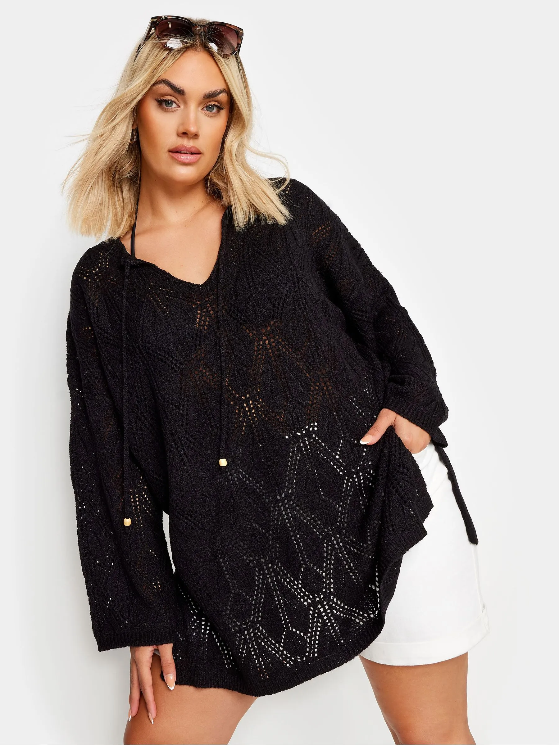 Yours Curve Black Tie Neck Tunic